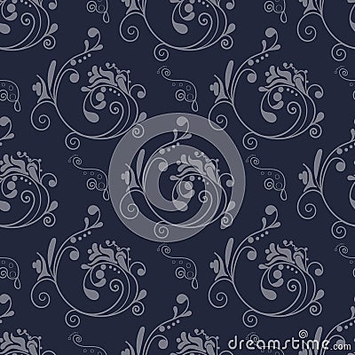 Seamless background with delicate white lace ornament. Guipure, dark blue background, white curls and dots. New year Vector Illustration