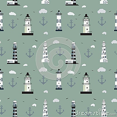 Seamless background with different Lighthouses isolated on grey background Vector Illustration