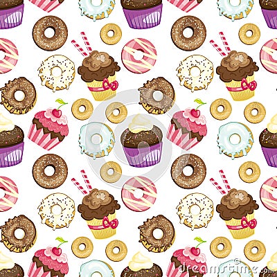 Seamless background with different sweets and desserts. tiled donuts and cupcakes pattern. Cute wrapping paper texture. Vector Illustration