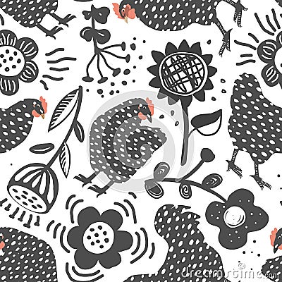 Seamless background of doodle hand drawn flowers, roosters, and hens. Vector illustration Vector Illustration