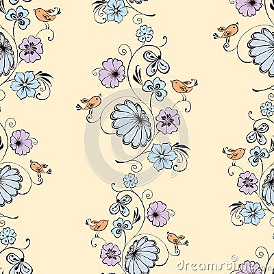 Seamless background of drawn fabulous flowers and birds Vector Illustration