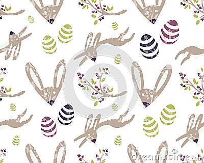 Seamless Background for Easter. Pattern with Easter Bunny, blooming twig and eastereggs Vector Illustration