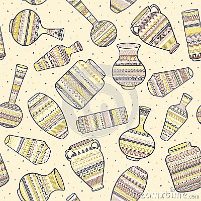Seamless background with ethnic patterns on vases. Vector illustration. Vector Illustration