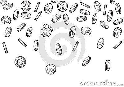 Seamless background with falling coins. Sketch of money flowing top down, big pile of cash, treasure concept. Black and Vector Illustration