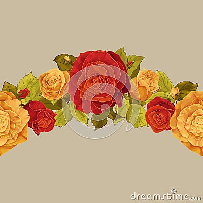 Seamless horizontal border with blooming roses and leaves_red n Vector Illustration