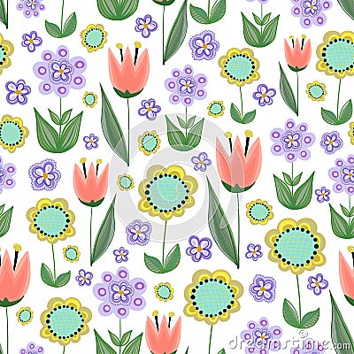 Summer seamless background with flowers and leaves Vector Illustration