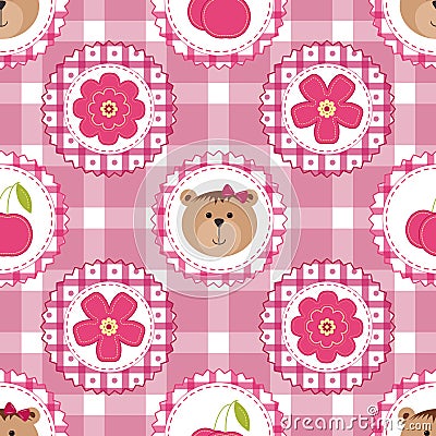 Seamless background with flowers, cherry and teddy bear girl. Vector pattern for cushion, pillow, bandanna, kerchief, shawl fabric Vector Illustration