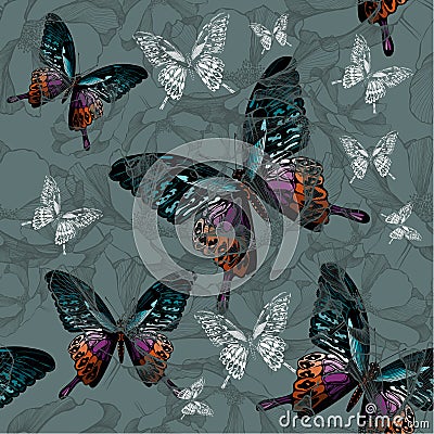 Seamless background with flowers and colorful butterflies, hand-drawing. Vector illustration..eps Vector Illustration