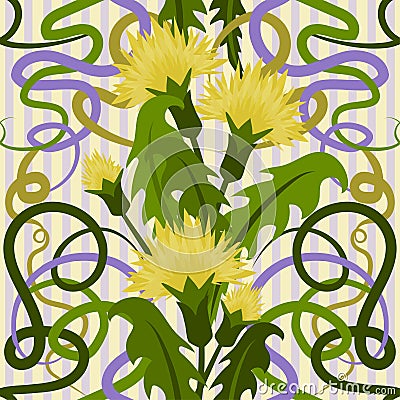 Seamless background with flowers dandelions in art nouveau style Vector Illustration