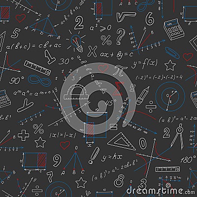 Seamless illustration with formulas and charts on the topic of mathematics and education, colored chalks on the dark school Board Vector Illustration