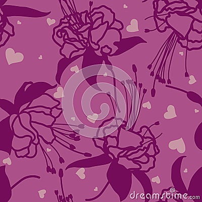 Seamless background. Fuchsia flowers and hearts on pink background. Vector image in contours. Silhouette colors Vector Illustration