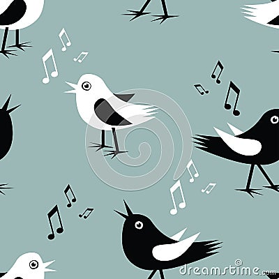 Seamless background of the funny singing birds Vector Illustration