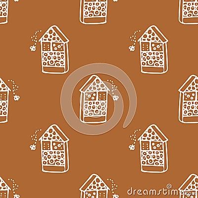 Seamless background garden insect hotel gender neutral pattern. Whimsical minimal earthy 2 tone color. Kids nursery Vector Illustration