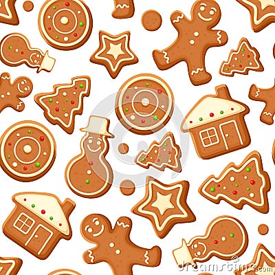 Seamless background with gingerbread cookies. Vector illustration. Vector Illustration