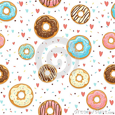 Seamless Background with Glazed Donuts and Colorful Sprinkles Vector Illustration