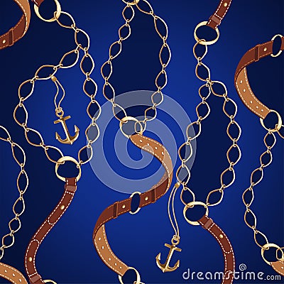 Seamless background with gold chains, anchors,rope, belt Stock Photo