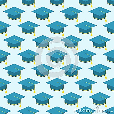 Seamless background of graduation caps over blue sky.Vector repeat geometric illustration. Flat style Vector Illustration