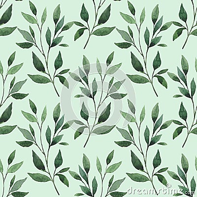 Seamless background with green leave doodles on bright mint background. Luxury pattern for creating textiles, wallpaper, paper, Stock Photo