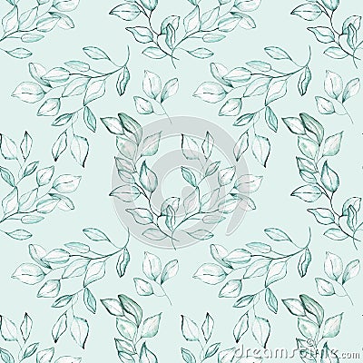 Seamless background with green leave doodles on bright mint background. Luxury pattern for creating textiles, wallpaper, paper. Stock Photo