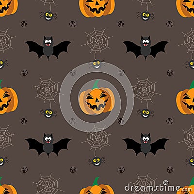 Seamless background for Halloween with pumpkins, bat and web. Vector illustration in modern flat design. Vector Illustration