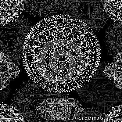 Seamless background with hand drawn chakras of human body on black Vector Illustration