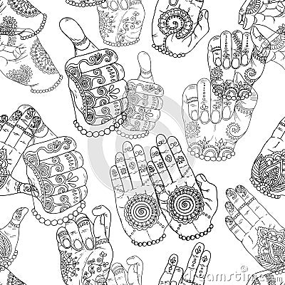 Seamless background with hand drawn mudras on white Vector Illustration