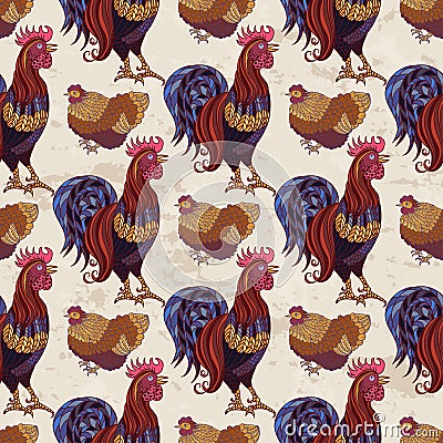 Seamless background with hand drawn rooster, hens and chickens Cartoon Illustration