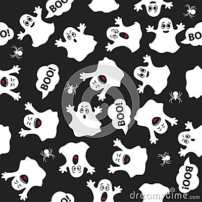 Seamless background for happy Halloween. Pattern with ghosts, smiles. Illustration for print. Scary fairy. Friends or family. Vector Illustration