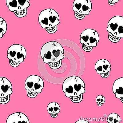 Seamless background with hearts and skulls. Skull love heart pattern. Deadly amur pink background. Vector texture Stock Photo