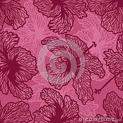Seamless background. Hibiscus flowers on pink background. Vector image in contours. Silhouette colors Vector Illustration