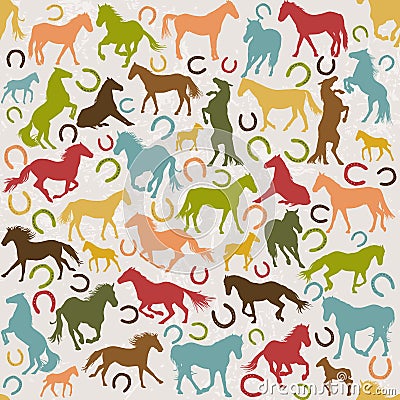 Seamless background with horses silhouettes and horseshoes Vector Illustration