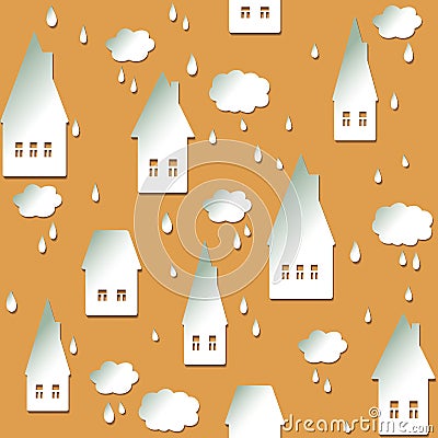 Seamless background with houses, clouds and drops Vector Illustration