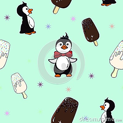 Seamless background, illustration with little happy penguins and brown chocolate ice cream Popsicle Vector Illustration