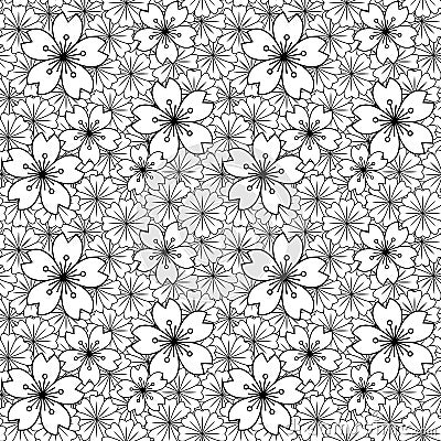 Seamless background image of black white Japanese sakura flower cross pattern. Vector Illustration