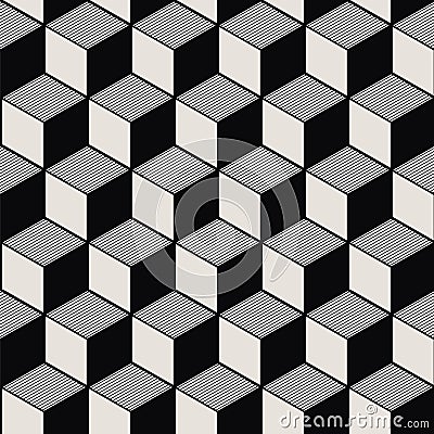 Seamless background image of vintage black white cubic line geometry pattern. Vector Illustration