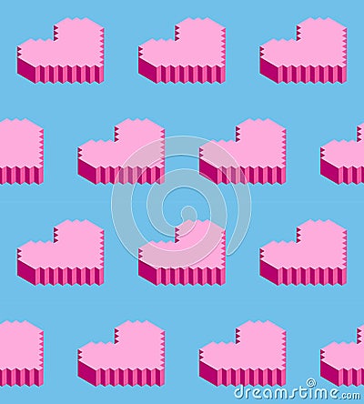 Seamless background of isometric pixel hearts. Vector illustration in style of old 8-bit video games. Creative love Vector Illustration