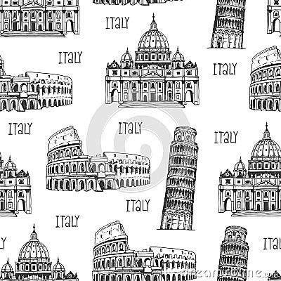 Seamless background with italian landmarks, hand frawn travel pattern Vector Illustration