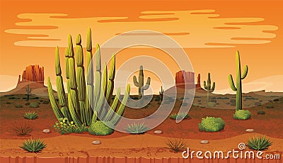 Seamless background of landscape with desert and cactus. Vector Illustration