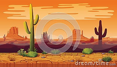 Seamless background of landscape with desert and cactus. Vector Illustration