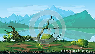 Seamless background of landscape with river, forest and mountains. Vector Illustration