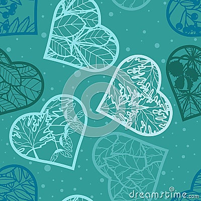 Seamless background. Leaves in the heart on a turquoise background. Vector image in contours. Silhouette of hearts with leaves Vector Illustration