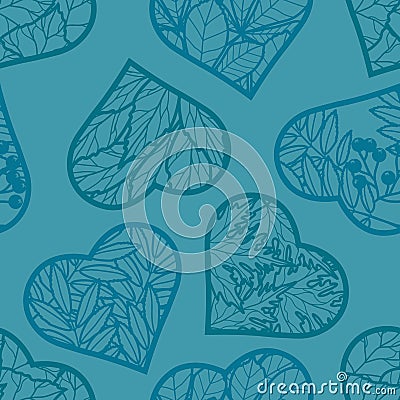 Seamless background. Leaves in the heart on a turquoise background. Vector image in contours. Silhouette of hearts with leaves Vector Illustration