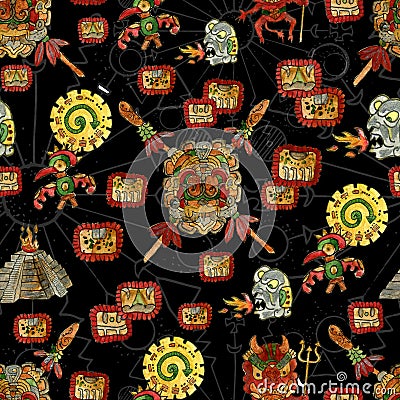 Seamless background with mayan culture symbols Cartoon Illustration