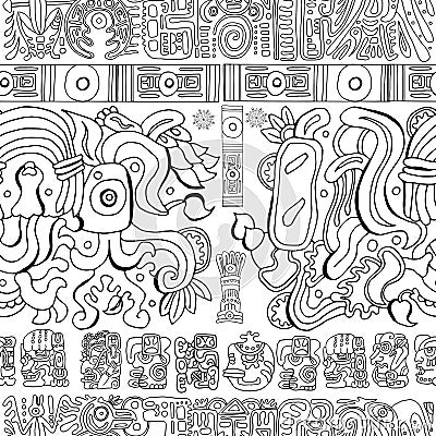 Seamless background with mayan patterns and symbols on white Vector Illustration