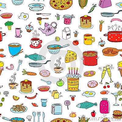 Seamless background meal and ware in doodle style. Vector Illustration