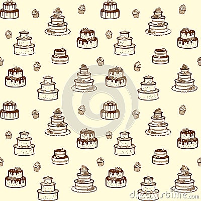 Seamless background with muffins, cupcakes and different wedding and birthday cakes Vector Illustration