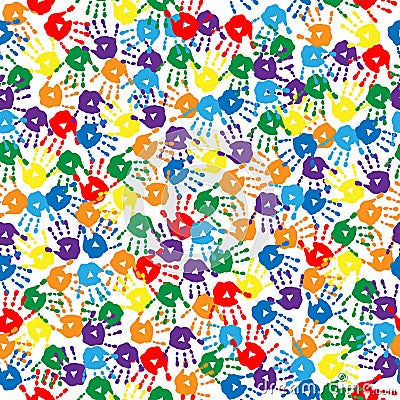 Seamless background with multi-colored handprints Vector Illustration