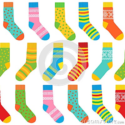 Seamless background of multi-colored socks with patterns and stripes Vector Illustration