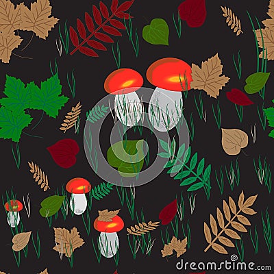 Seamless background with red or orange aspen mushrooms in the forest Vector Illustration