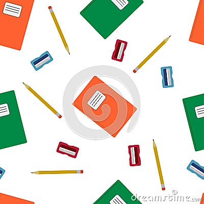 Seamless background, notebook, pencil and sharpener. Vector Illustration